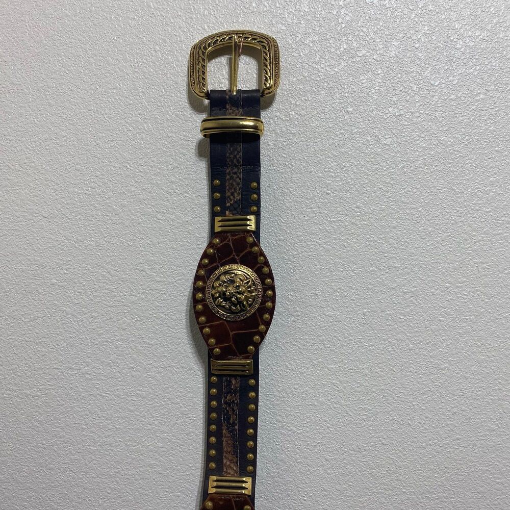 ST MAARTEN Dallas Leather Belt W/Gold Studs & Gold-Tone Lion Head Medallion - Picture 7 of 15